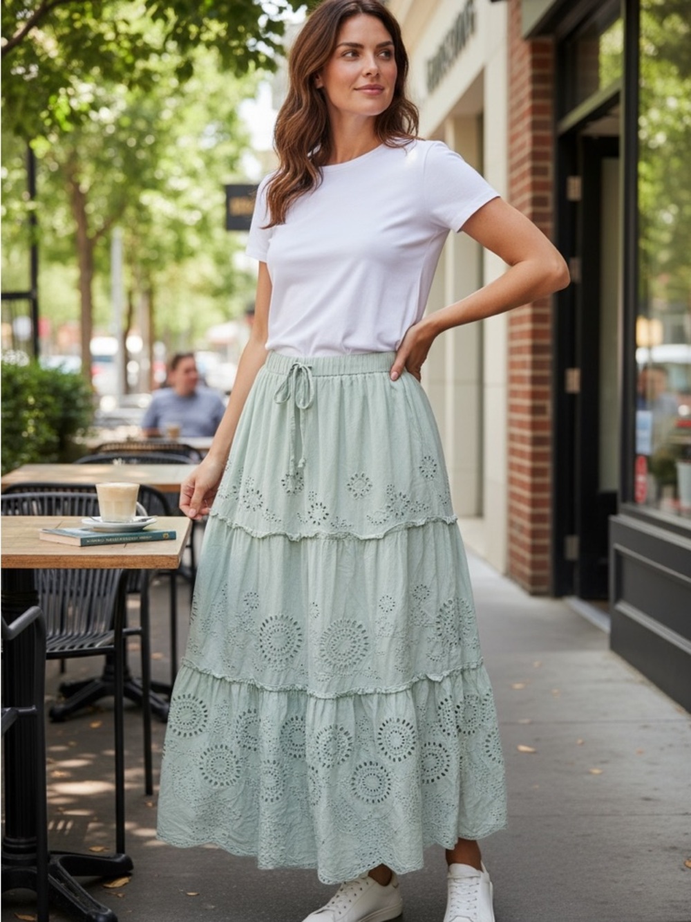 Mi Ami Mint Green Eyelet Tiered Midi Skirt Boho Cottagecore Size L